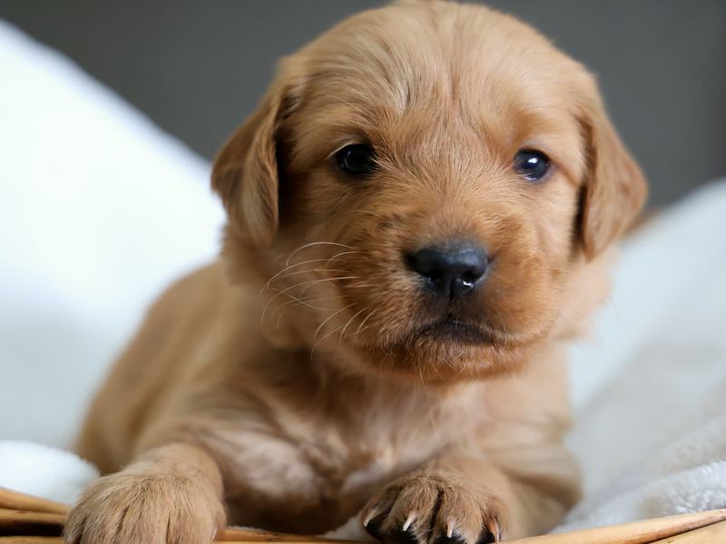 Red-gold golden retriever puppy on a blanket in a basket